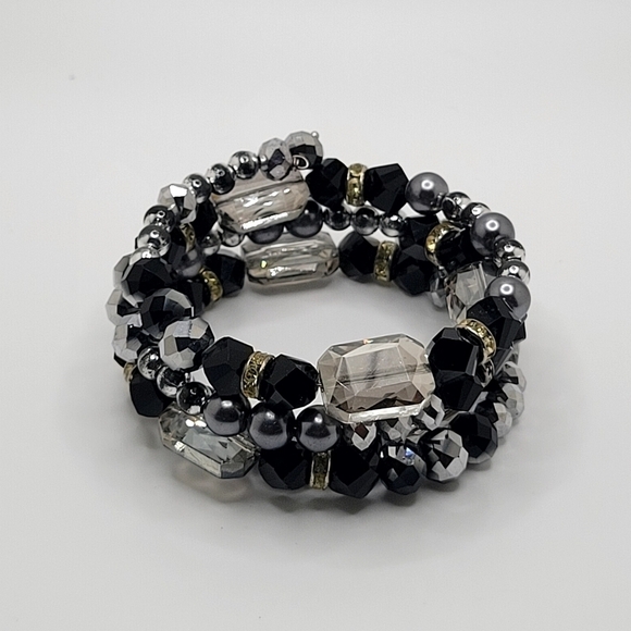 Silver Tone Black Clear Glass Stone Bead Memory Wire Wrap Bracelet - Picture 1 of 4